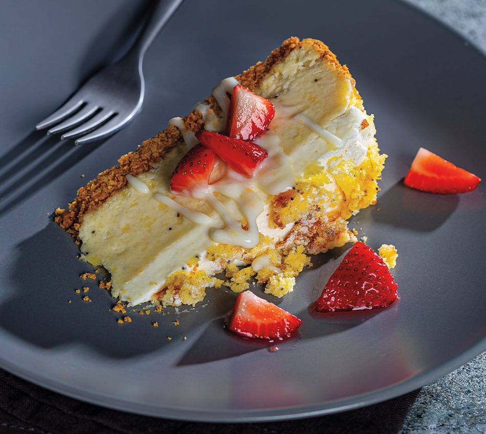 Lemon Poppy Seed Bread Cheesecake with Macerated Strawberries & Yogurt